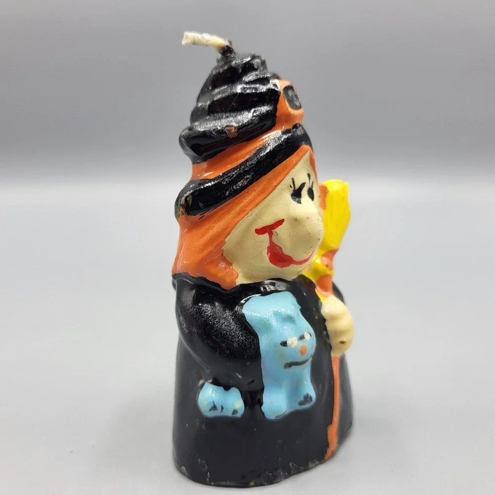 Vintage Halloween Spooky Witch Candle Figurine Small Black Orange 4